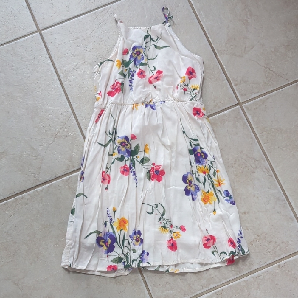 Old Navy Kids Dress - White with Colorful Floral Print Iris Flowers, Size 8 Girl